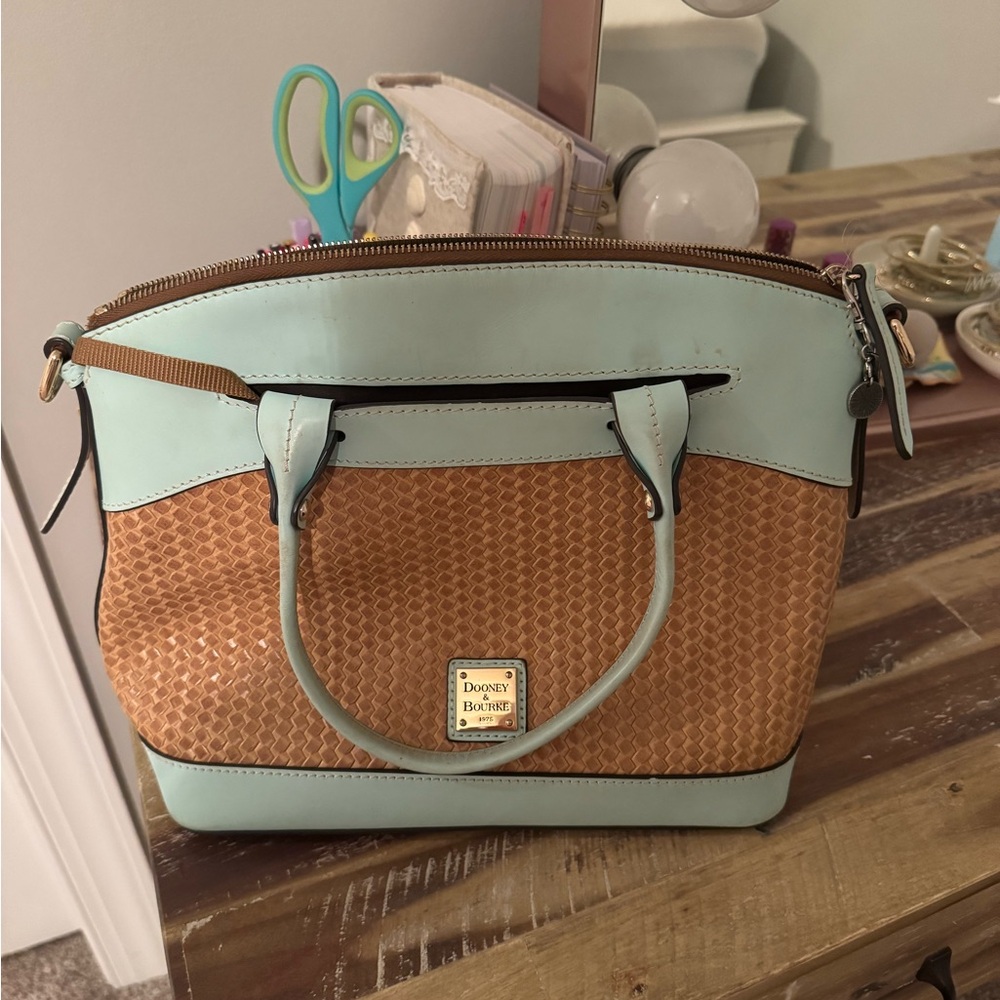 Dooney & Bourke Green and Tan Satchel with Woven Texture